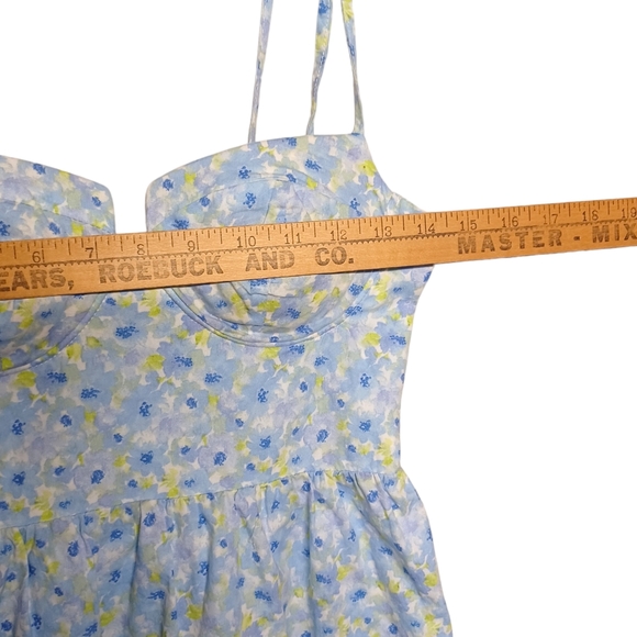 FOREVER 21 Blue Yellow Floral Print Smocked Strappy Sleeveless Mini Dress Small - Picture 6 of 9